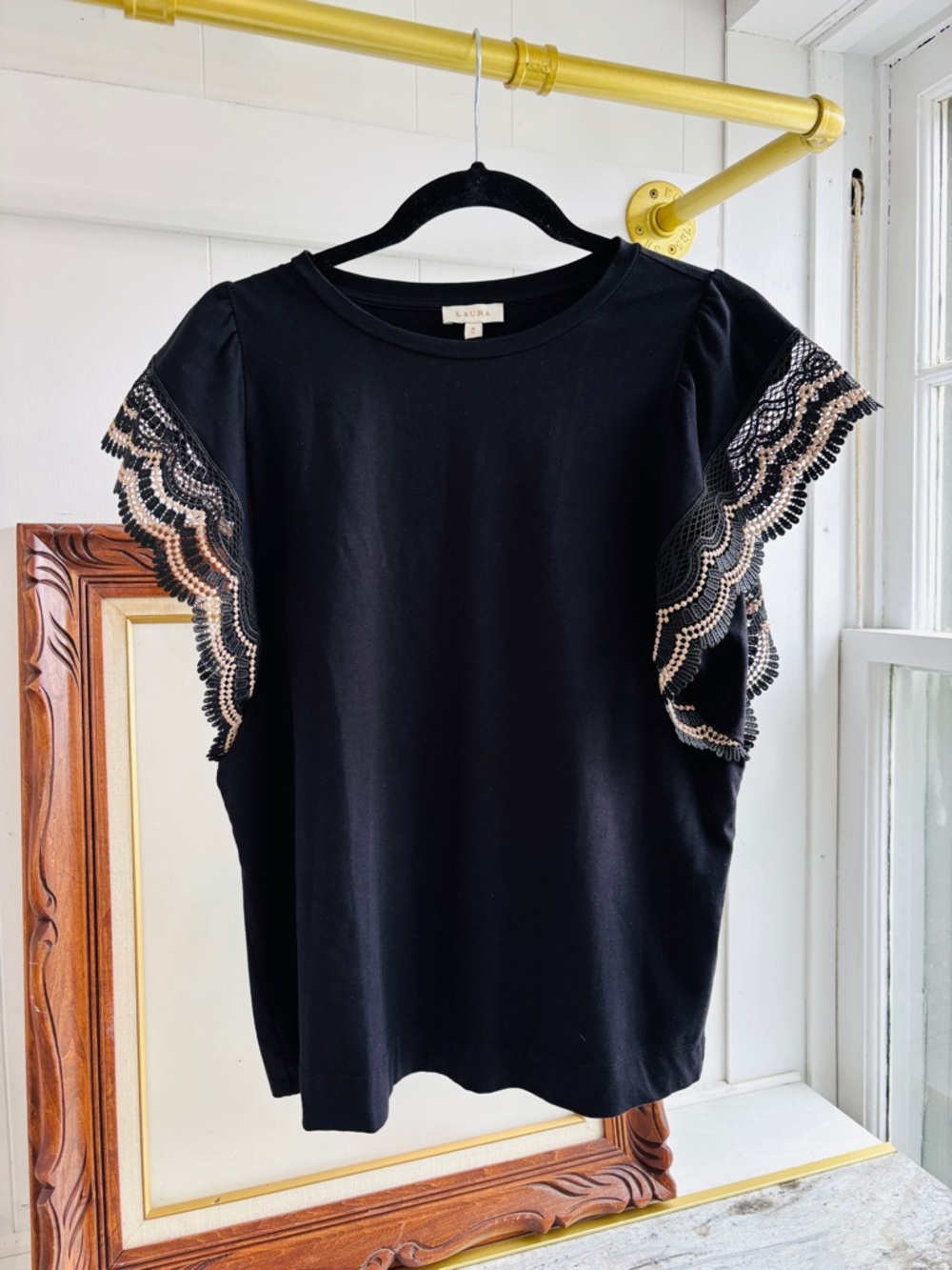 Scalloped Lace Trim Shirt Flutter Sleeve Black Gold Crew Neck Elevated Top Chic